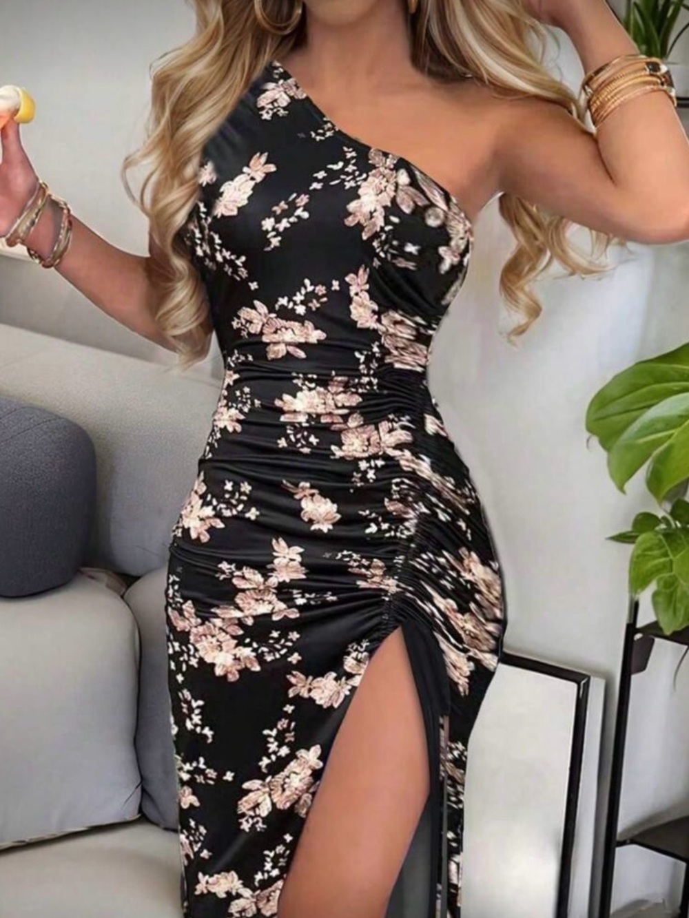 Black Floral One Shoulder Ruched Slit Dress Bodycon Evening Dress Size XL